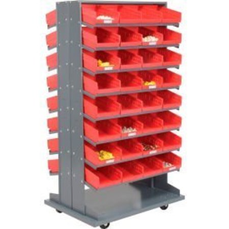 GLOBAL EQUIPMENT 16 Shelf Double-Sided Mobile Pick Rack - 64 Red Plastic Shelf Bins 8" Wide 603427RD